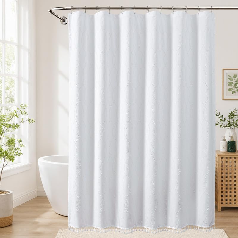 OVZME Navy Blue Shower Curtain for Bathroom, Puff Printed Textured Shower Curtain with Tassels, Rustic Geometry Heavy Duty Vintage Country Bathroom Curtain, Water Resistant Fabric, 72Wx72L Inches