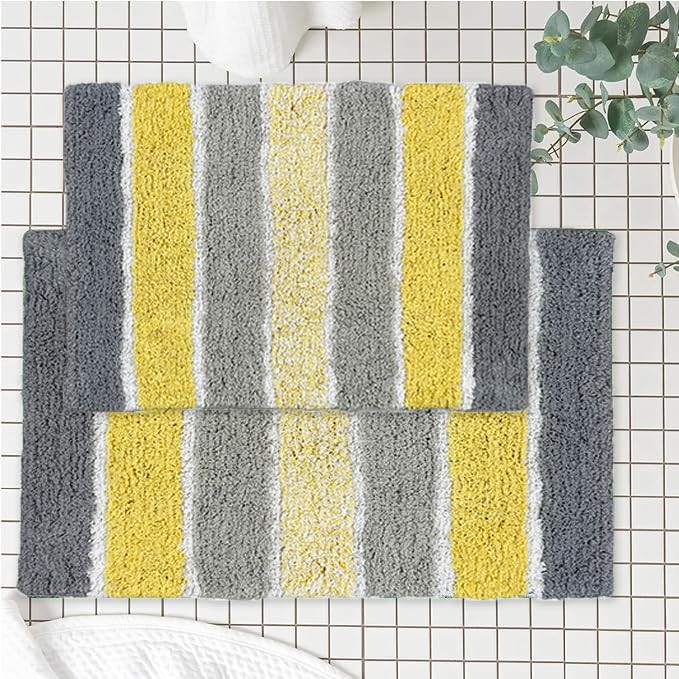 Chardin home Cordural Stripes Bath Mat, Set of 2 Bath Rugs (17 Inches x24 Inches & 21 Inches x34 Inches) | Non Slip Bathroom Rug, Machine Washable, Plush, Highly Absorbent | Mint Green & Grey