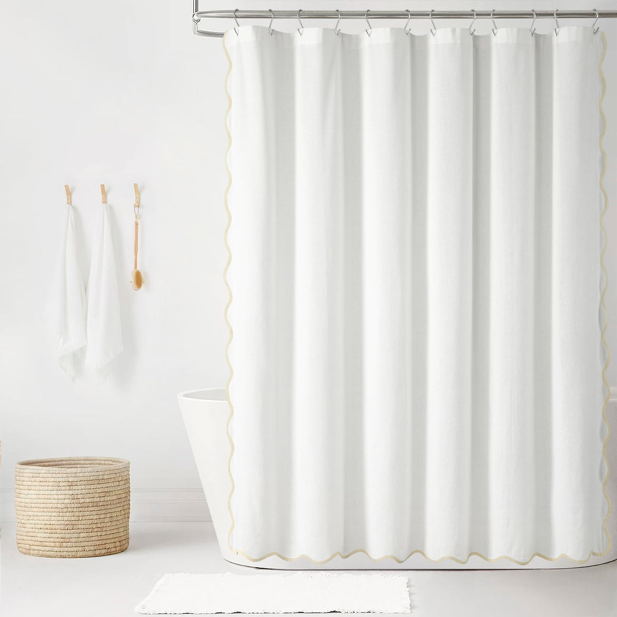 Lush Decor Coastal Chic Scallop Edge Linen-Textured Shower Curtain, Single 72" W x 72" L, Blue & White - Scalloped Shower Curtains - Coastal Bathroom Curtain