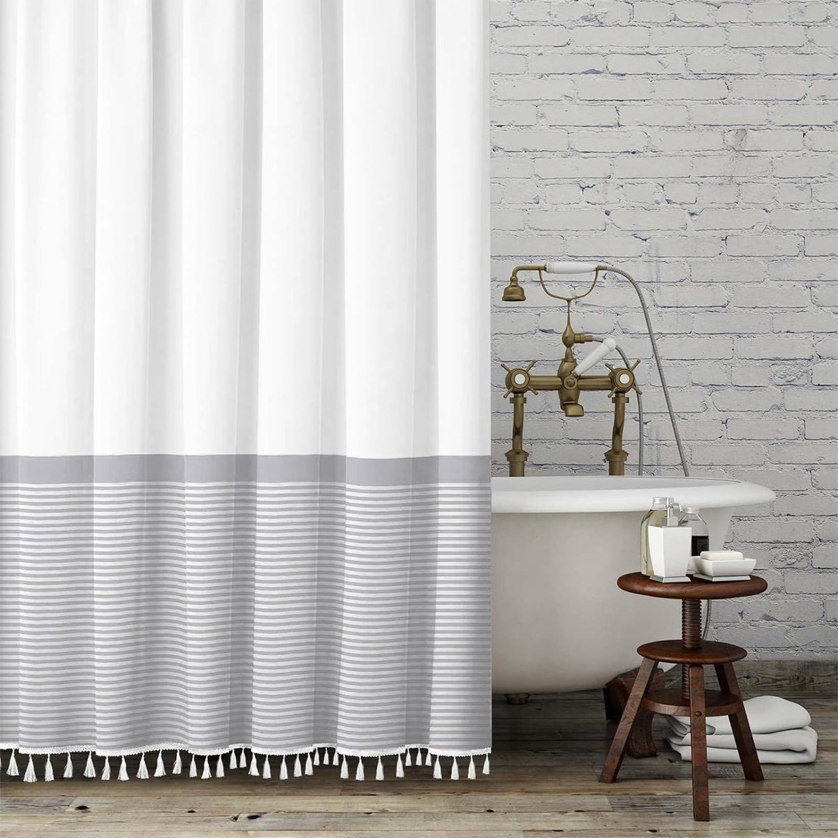 Seasonwood Black and White Shower Curtain Striped with Tassels 72 x 72