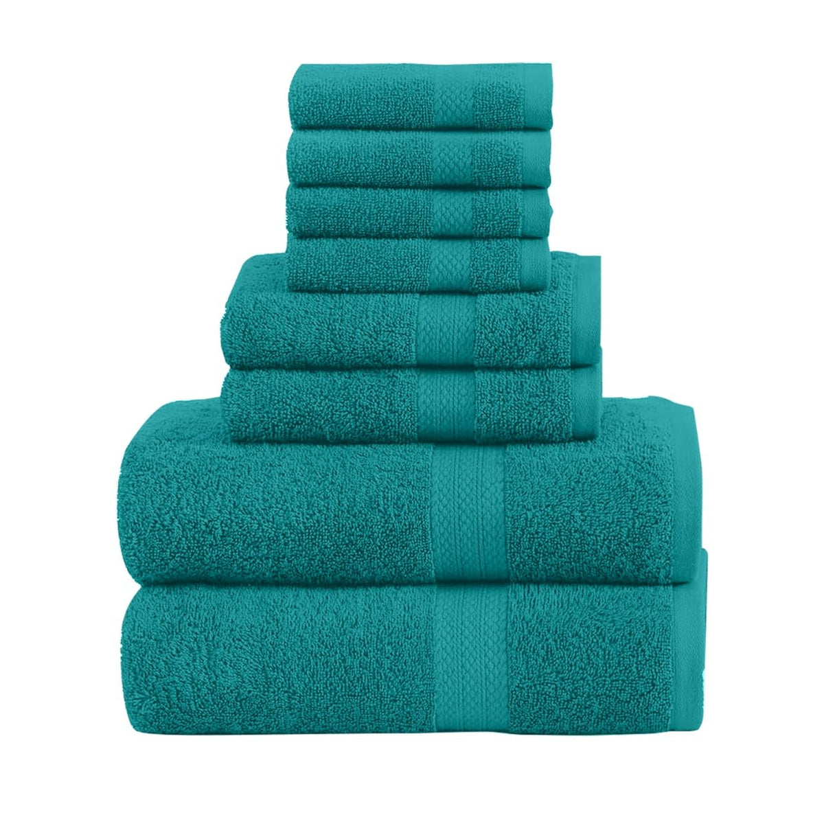 QUBA LINEN Pack of 8 Towels Set, 2 Large Bath Towels, 2 Hand Towels, 4 Wash Cloths, 100% Cotton, Lighter Weight, Quicker to Dry, Super Absorbent, Perfect for Bathroom (Teal)