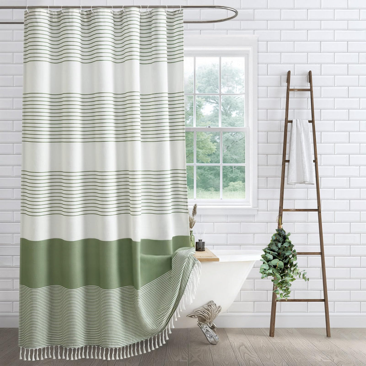 Boho Orange Fall Cotton Striped Shower Curtain with Tassel 72"W X 72"L