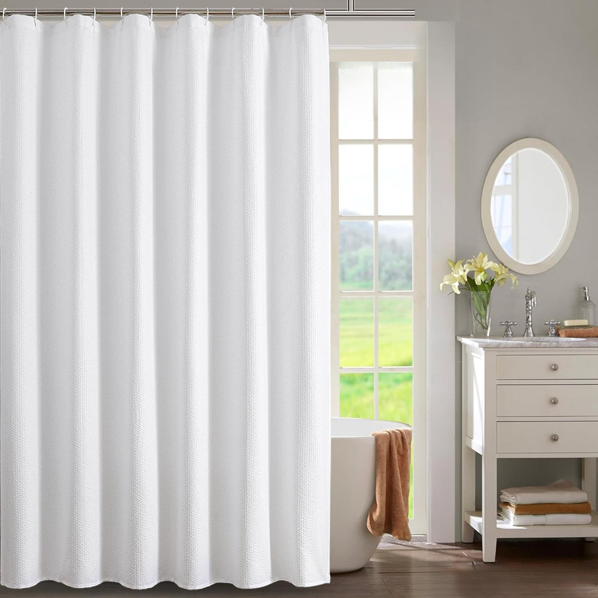 OWENIE Cream Shower Curtain or Bathroom 72x72 Inch, 3D Embossed Textured Waffle Fabric Shower Curtains, Soft Hotel Farmhouse Style, Water Repellent, Machine Washable, Cream, 72" W x 72" L