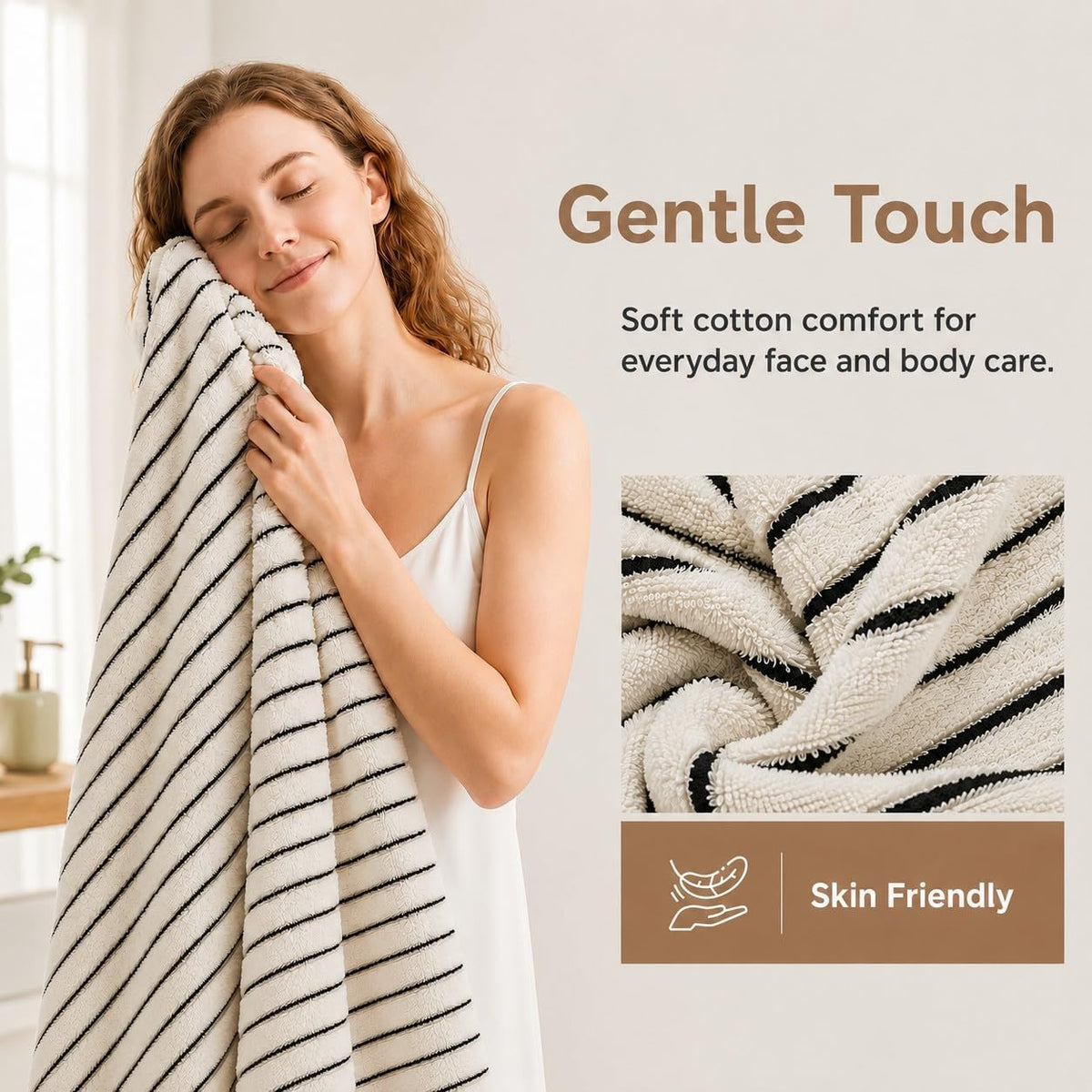 8 Pack Black and Ivory Bath Towel Set, Cotton Striped Bath Towels