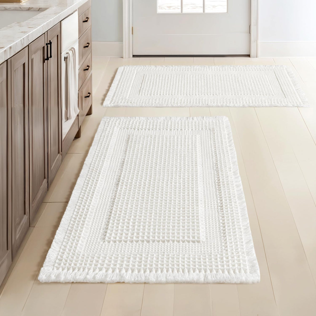 MIULEE Set of 2 Waffle Bathroom Rugs Brown&Cream Boho Bath Mat 17x24+18x30