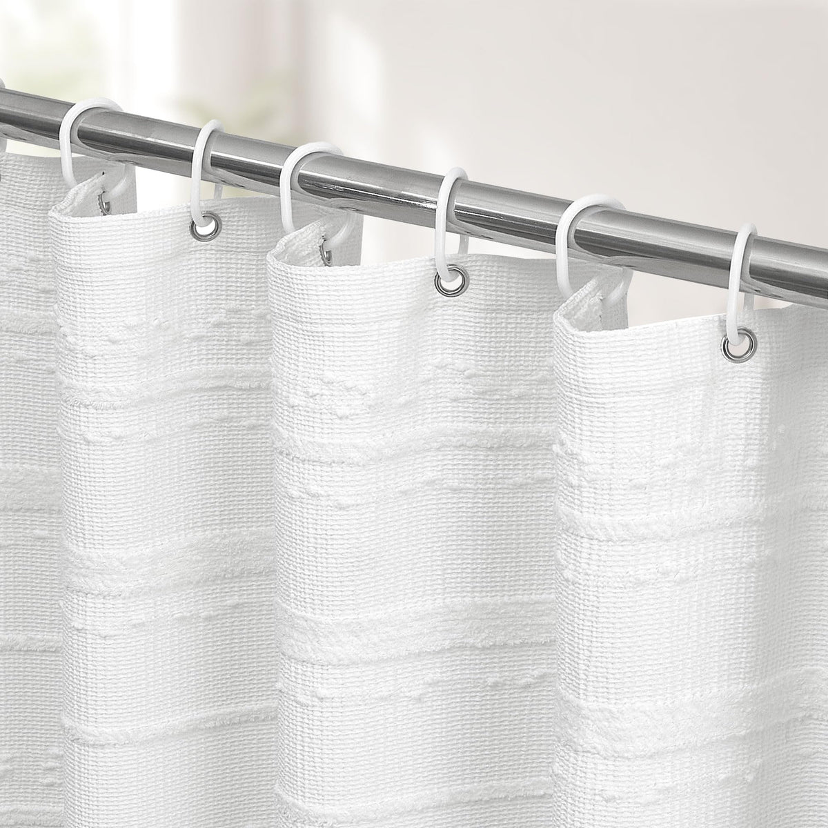 White Shower Curtain Boho, Textured Shower Curtain Cotton Blend Waffle Weave Stripe Fabric Shower Curtains for Bathroom, Hotel, Washable, 72 x 72