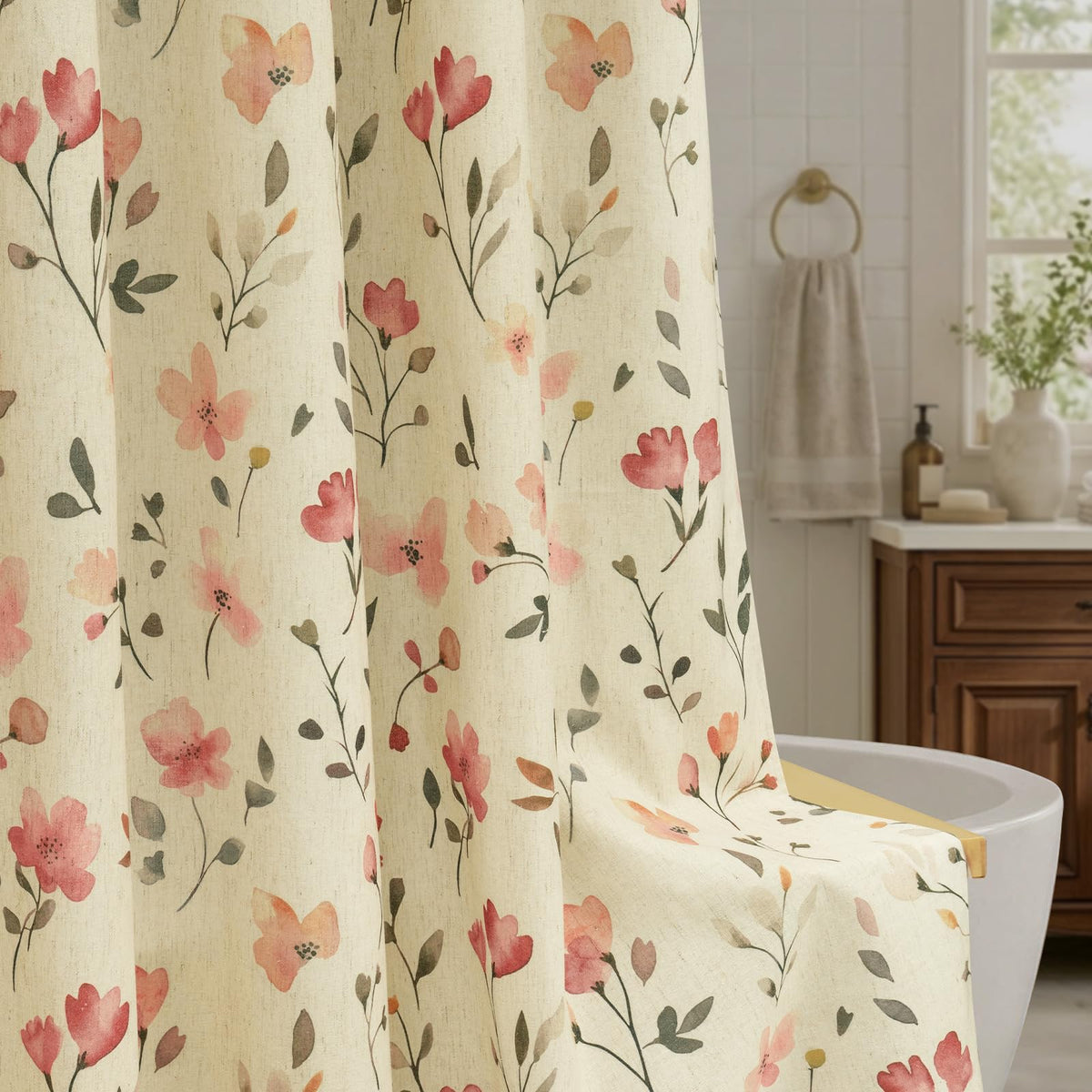 Botanical Floral Linen Blend Shower Curtain 72x72, Organic Modern Farmhouse Bathroom Decor, 210GSM Fabric (Green/Oatmeal)