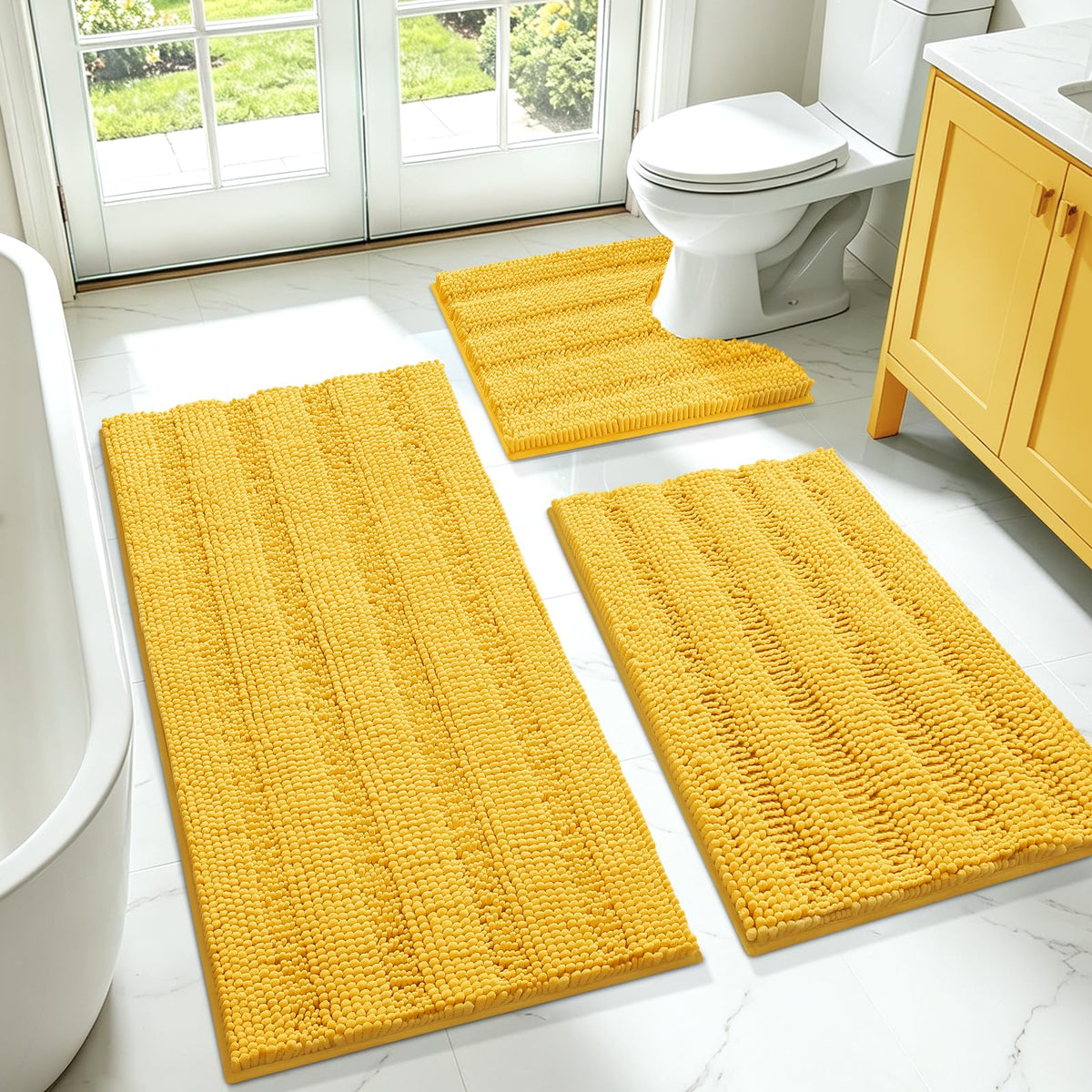 ACCUMTEK Christmas Striped Pink Bathroom Rug Set 3 Pieces Ultra Soft, Non Slip Chenille Toilet Mat, Absorbent Plush Shaggy Bath Mats for Bathroom, Bedroom, Kitchen