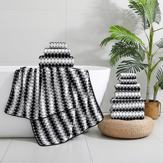 12 Pcs Black White Diamond Towel Set-4 Bath Towels,4 Hand Towels,4 Washcloths Soft Polyester Towels with Loop Absorbent Shower Towel Quick Dry Beach Chair Towel Family Towels for Bathroom Spa Gym Pool