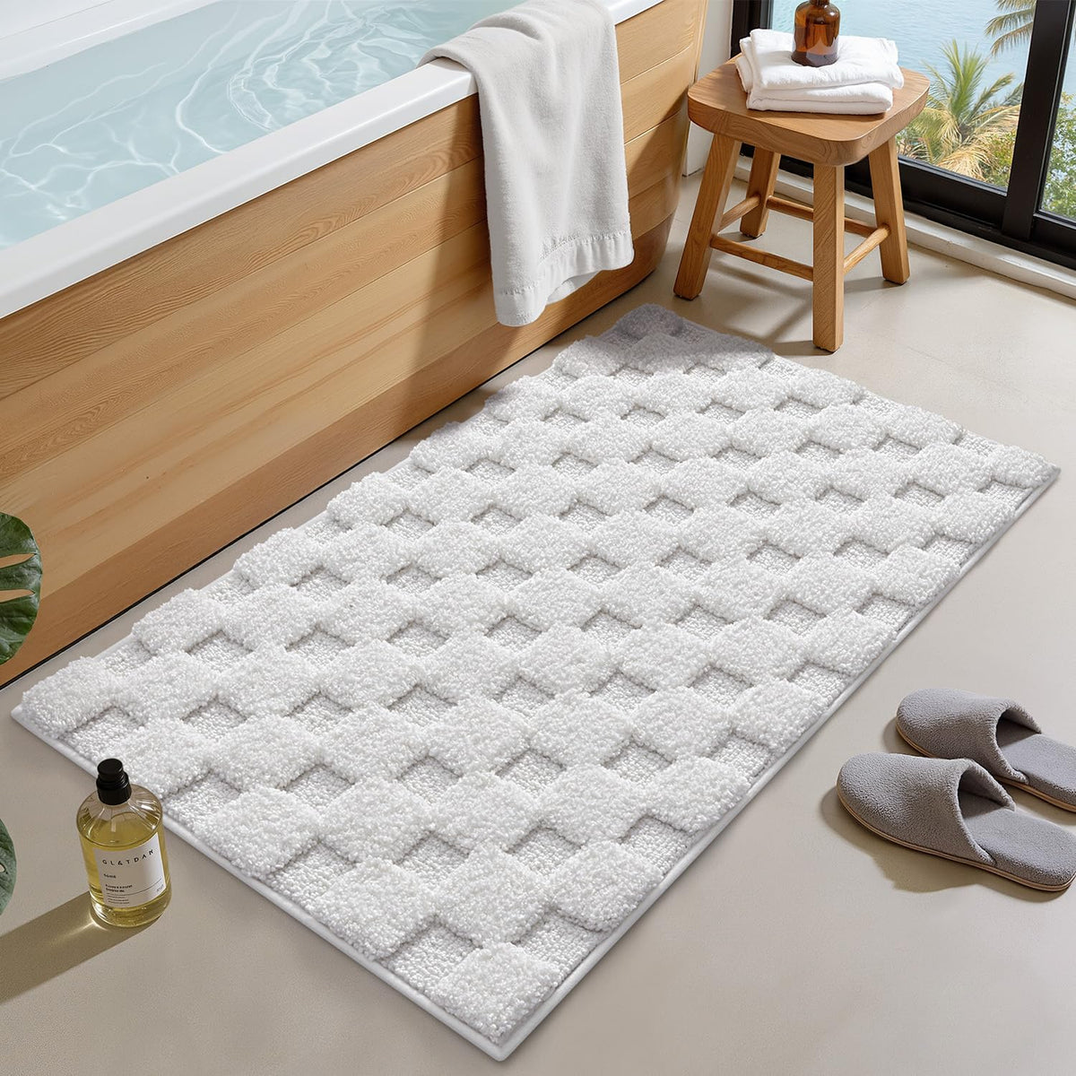 LUMI Non Slip Checkered Bathroom Rugs, Absorbent Waffle Mat, Cream, 20x32