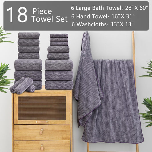 18 Piece Bath Towels Set,100% Microfiber Family Bathroom Towel with Hanging Loops-6 Bath Towels,6 Hand Towels,6 Washcloths,Quick Dry Highly Absorbent Shower Towel for Bathroom,Hotel,Spa-Dark Purple