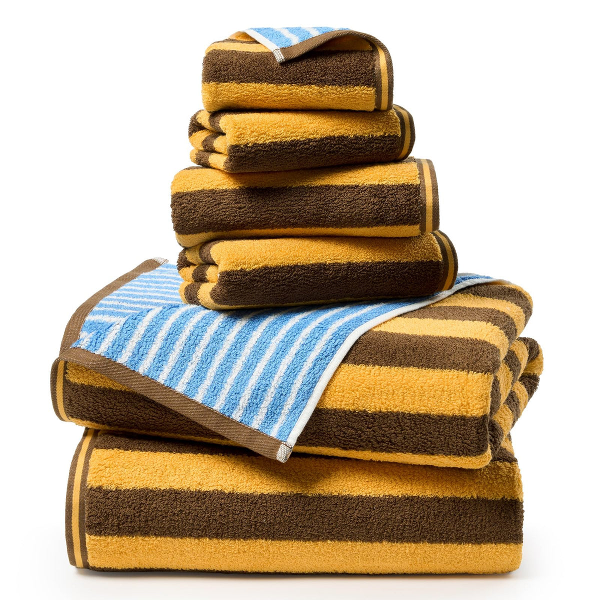 ecolook Reversible Striped Towel Set of 6, Soft 100% Cotton, Blue & Green