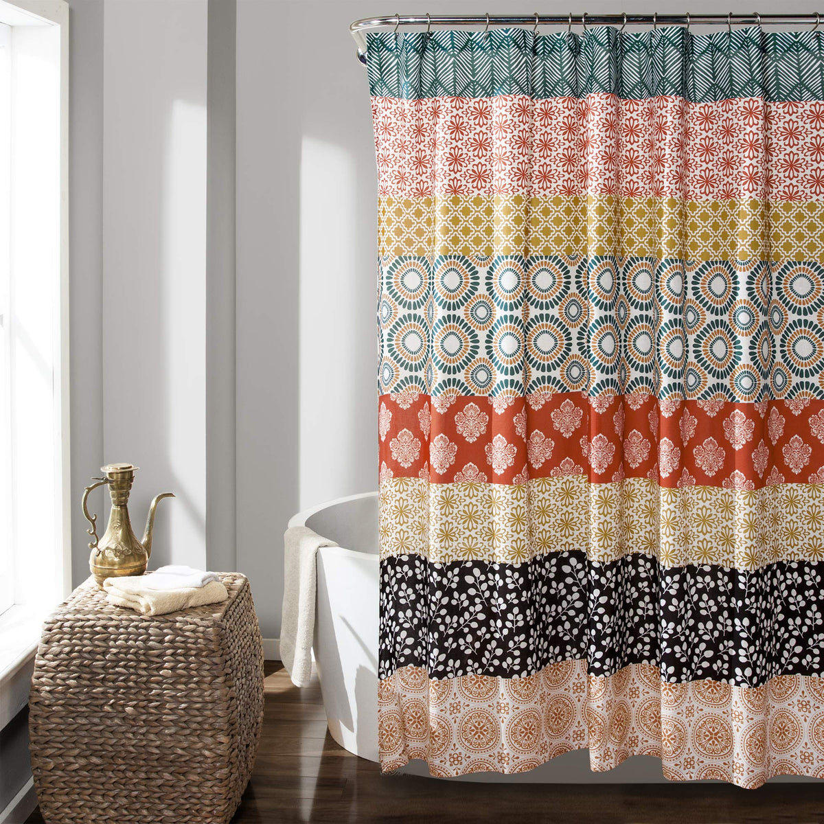 Lush Decor Bohemian Stripe Shower Curtain 72" W x 72" L Turquoise & Orange - Bathroom Curtain - Striped Shower Curtain - Boho Decor - Fabric Shower Curtains