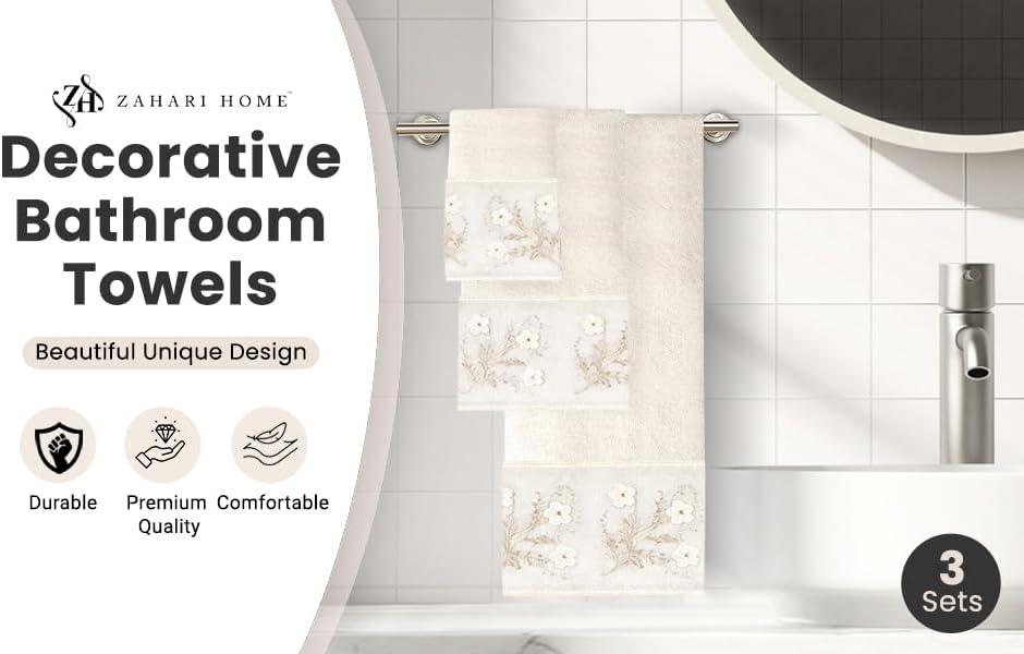 Zahari Home 3 Piece Bath Towels Set for Bathroom, Bath, Hand & Wash Cloths, Decorative Stylish Plush Cotton Washcloths - Showering, Face & Body Washing, Airbnb Essentials & Host Accessories, Beige