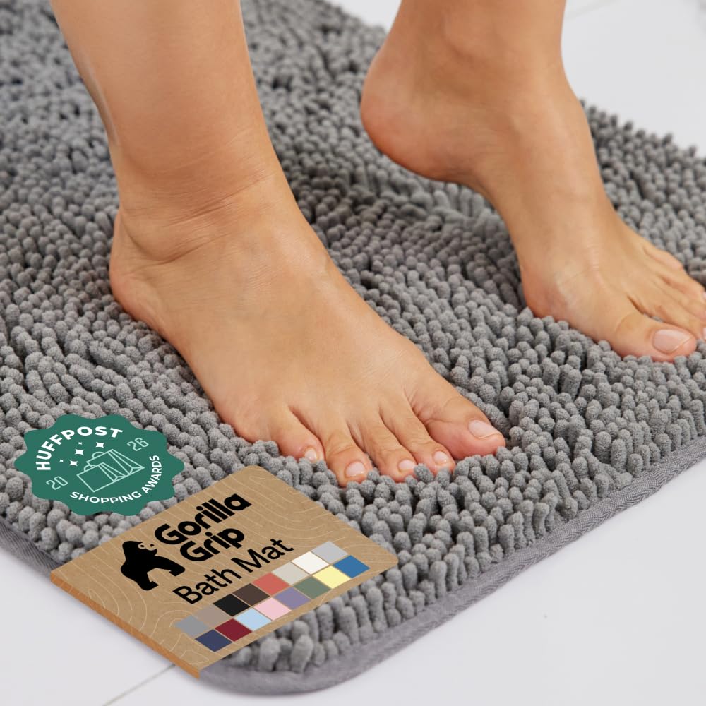 GORILLA GRIP Bath Rug Mat for Bathroom, Absorbent Chenille, 30x20 Gray