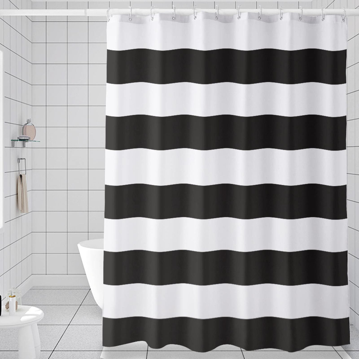 AmazerBath Navy Blue Shower Curtain Stripes, 72" W x 72" H Blue and White Shower Curtain, Fabric Shower Curtains for Bathroom with 2 Heavy Stones, Water Repellent