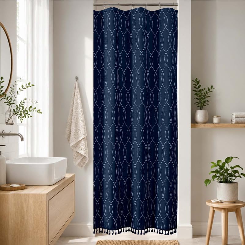 OVZME Navy Blue Shower Curtain for Bathroom, Puff Printed Textured Shower Curtain with Tassels, Rustic Geometry Heavy Duty Vintage Country Bathroom Curtain, Water Resistant Fabric, 72Wx72L Inches
