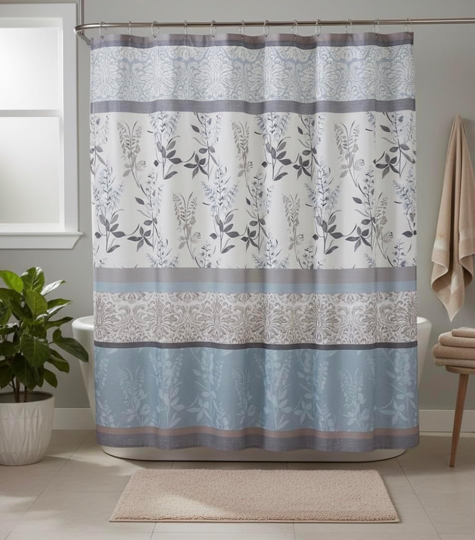 Blue Floral Fabric Shower Curtain Farmhouse Border Design for Bath 72x72