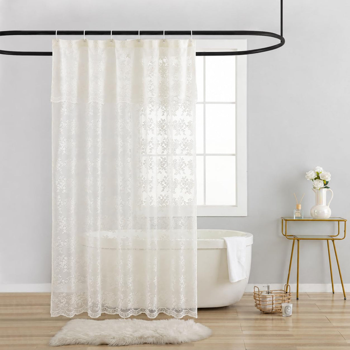 TUDECO Black Lace Shower Curtain with Valance, Gothic Style, 72 x 72 Inch