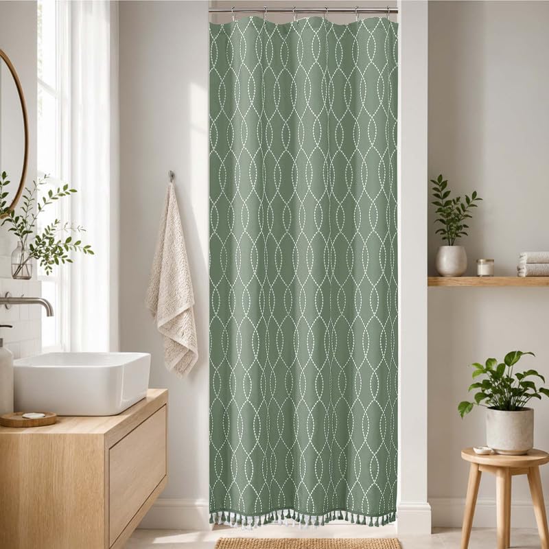 OVZME Navy Blue Shower Curtain for Bathroom, Puff Printed Textured Shower Curtain with Tassels, Rustic Geometry Heavy Duty Vintage Country Bathroom Curtain, Water Resistant Fabric, 72Wx72L Inches