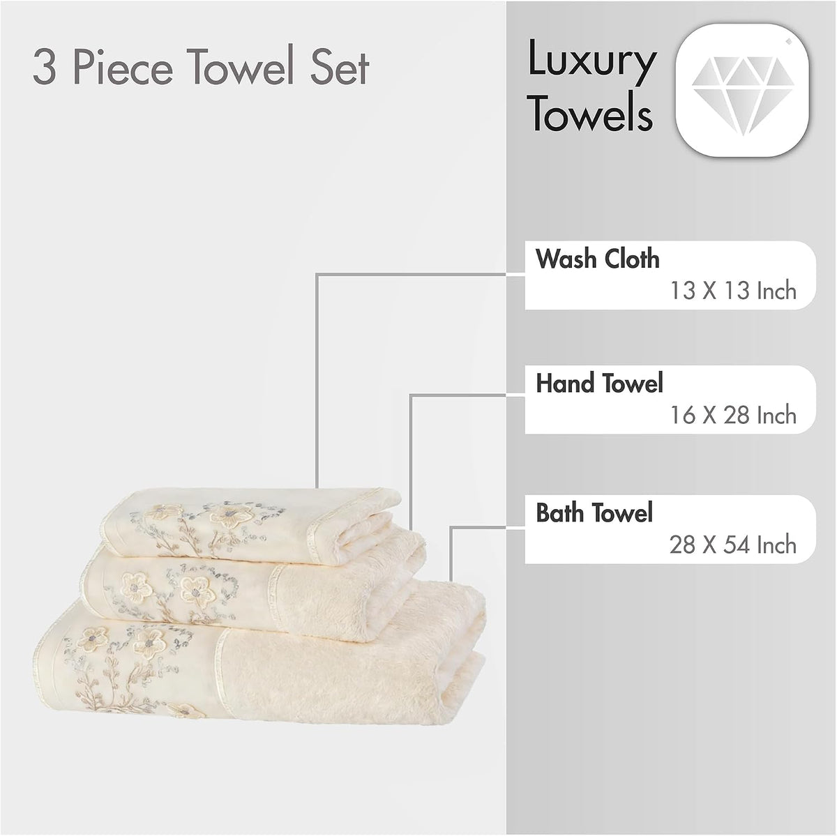 Zahari Home 3 Piece Bath Towels Set for Bathroom, Bath, Hand & Wash Cloths, Decorative Stylish Plush Cotton Washcloths - Showering, Face & Body Washing, Airbnb Essentials & Host Accessories, Beige