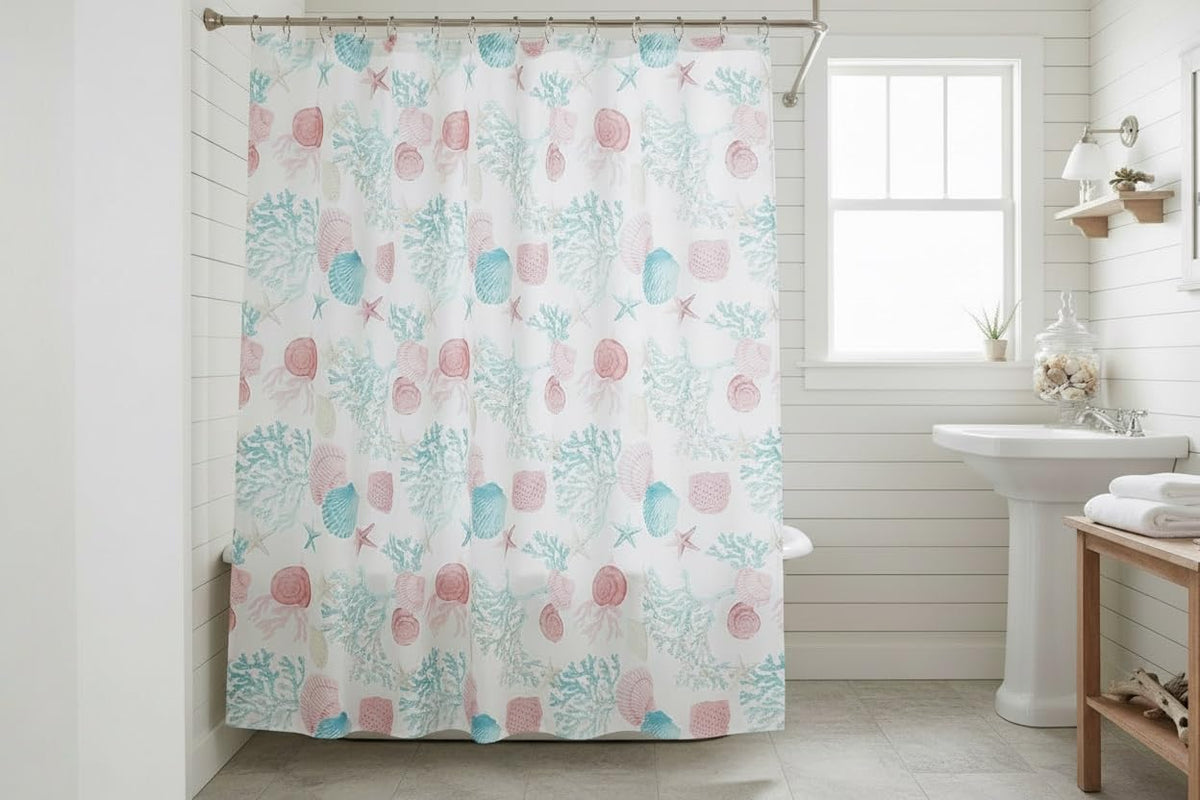 Blue Floral Fabric Shower Curtain Farmhouse Border Design for Bath 72x72