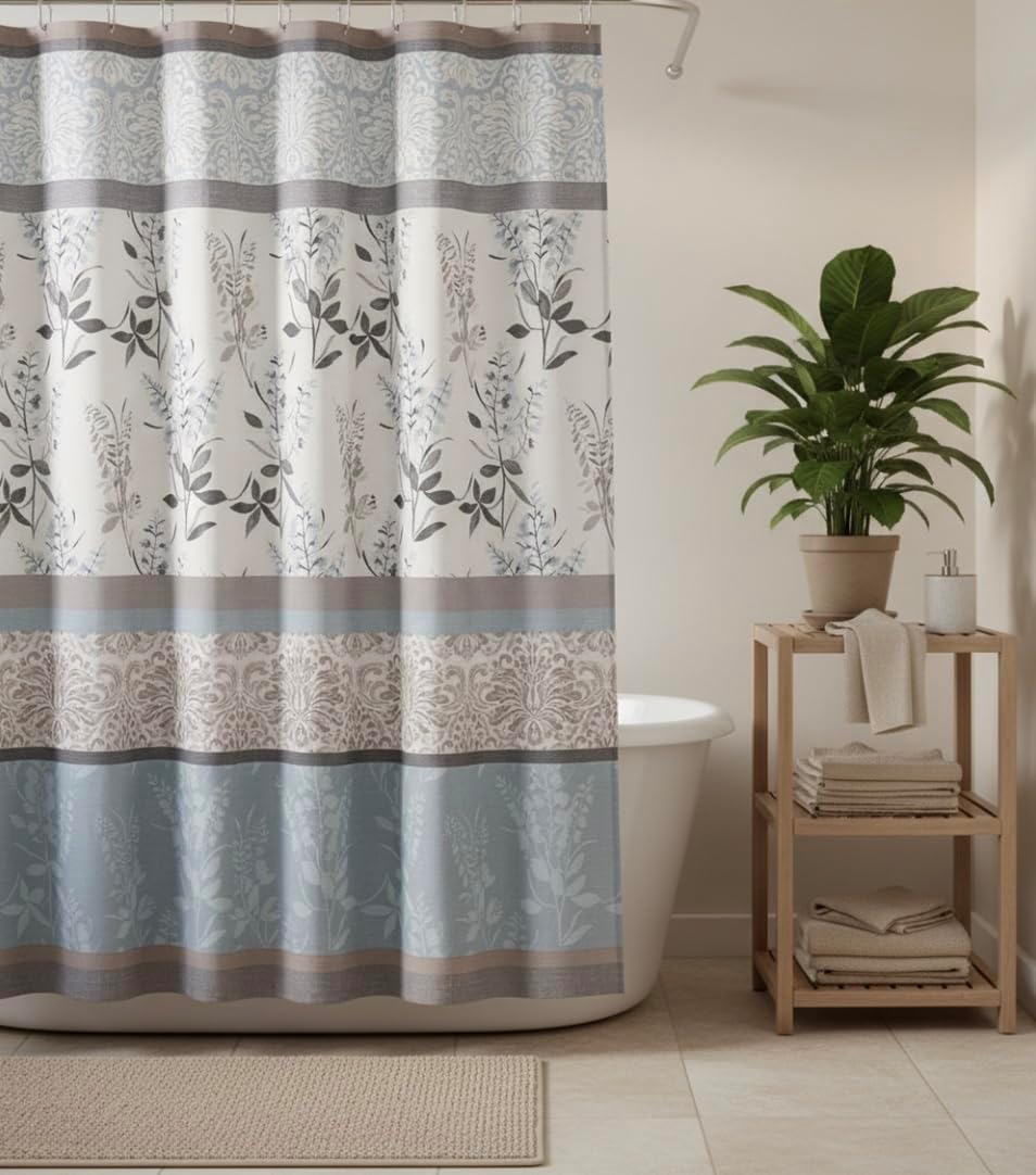 Blue Floral Fabric Shower Curtain Farmhouse Border Design for Bath 72x72
