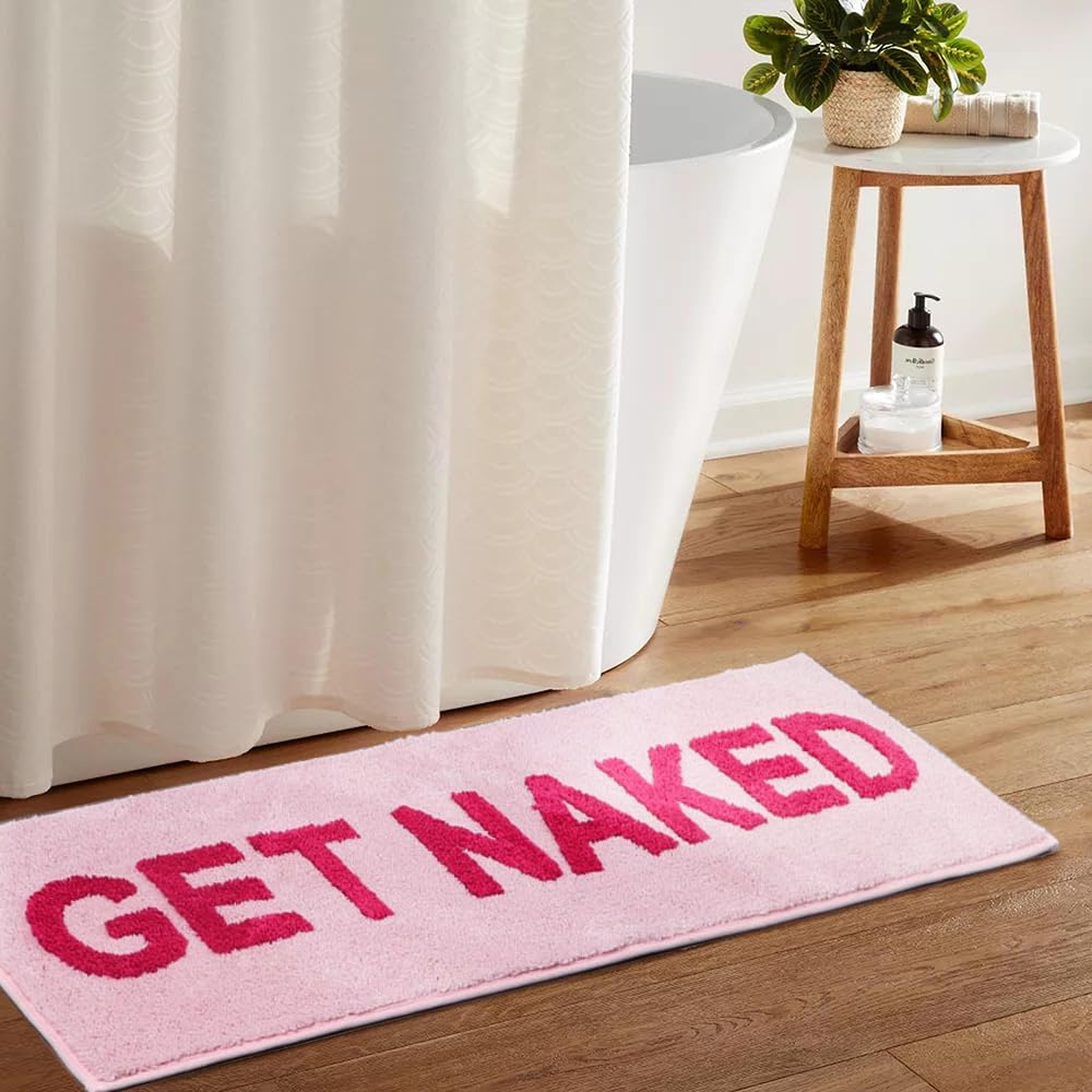 Get Naked Bath Mat - 17" x 24" Absorbent Soft Hot Pink Bath Rug, Machine Washable Non Slip Shower Rug for Bathroom