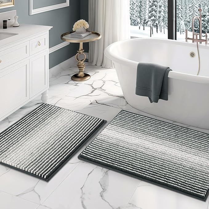 BSICPRO Large Chenille Bathroom Rugs Runner, 20x47 Striped Bath Mats, Beige