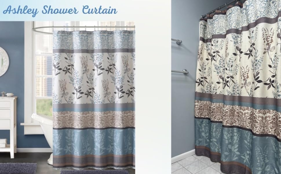 Blue Floral Fabric Shower Curtain Farmhouse Border Design for Bath 72x72