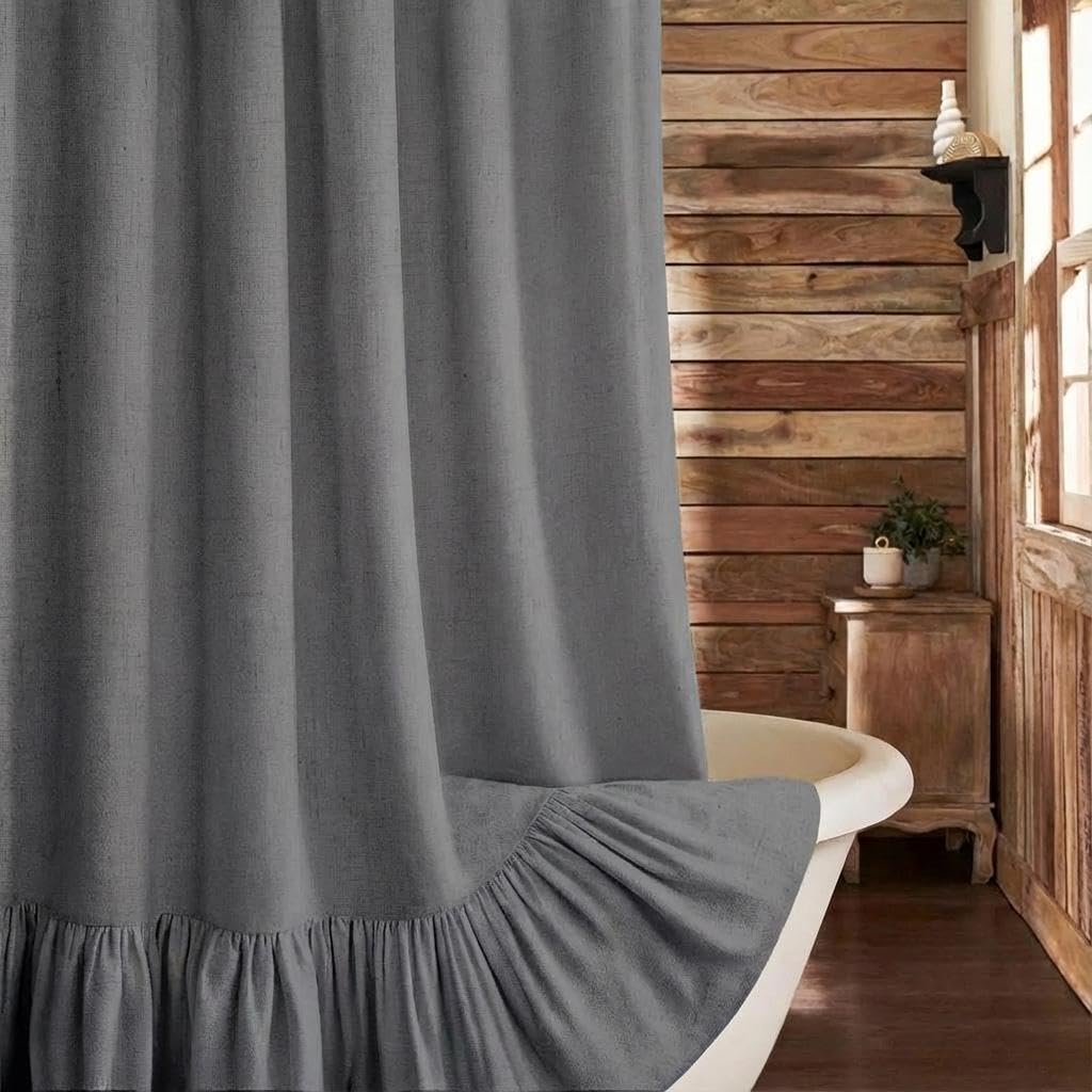 Farmhouse Shower Curtain Ruffle Linen Beige 72" W x 72" L