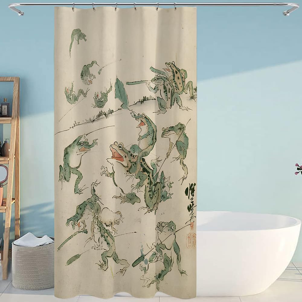 Unimpressed Frog Shower Curtain Ink Cute Funny Asian Style Traditional Japanese Art Bath Curtain Anime Waterproof and Fabric Curtain Cool for Bathroom 72x72inch