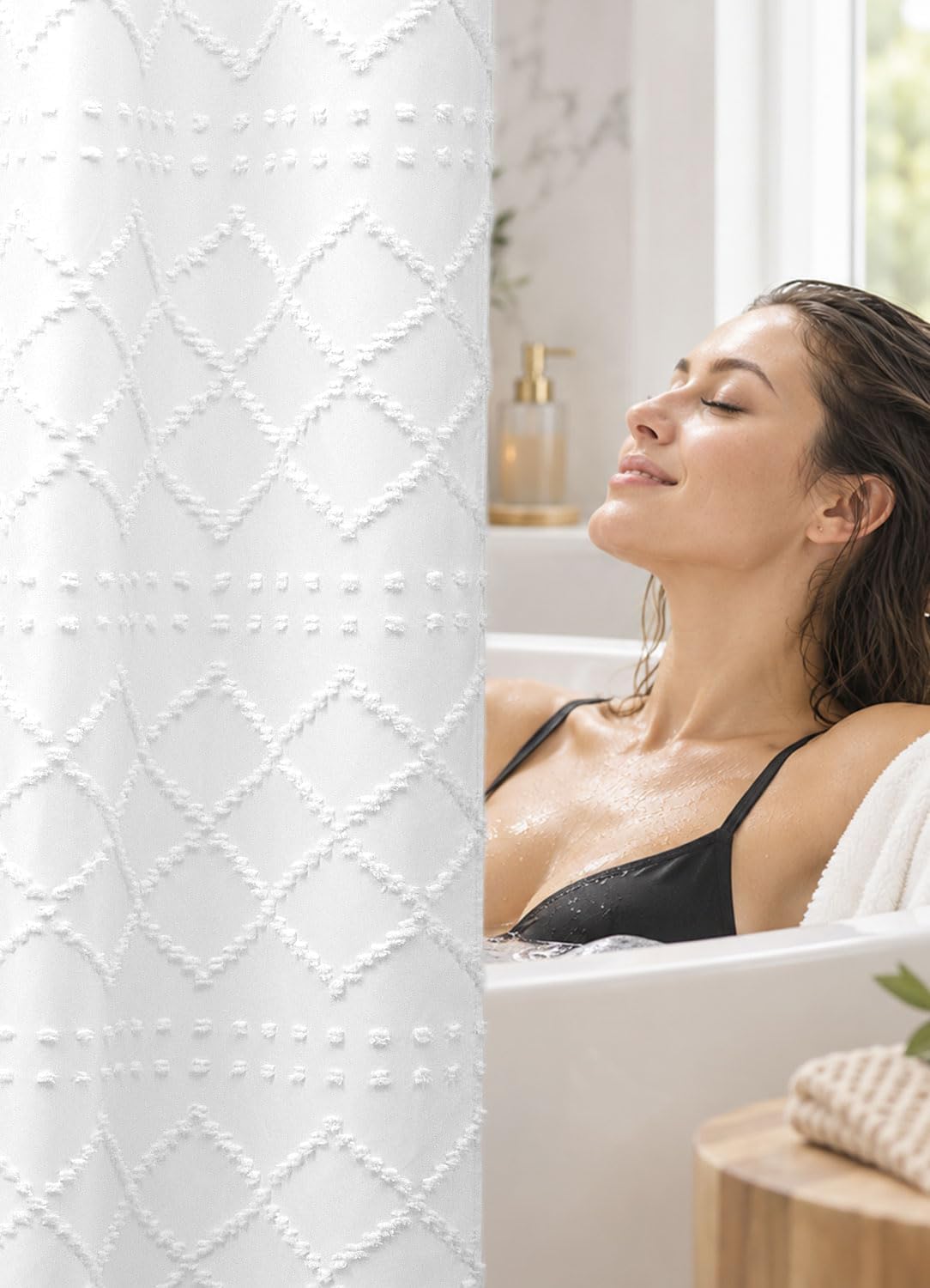 White Boho Shower Curtain Fabric Shower Curtains with Tassel 72 x 72 Modern Textured Shower Curtain Farmhouse Minimalist, Tufted Chevron Striped Shabby Chic, Water Resistant Cloth Curtain for Bathroom
