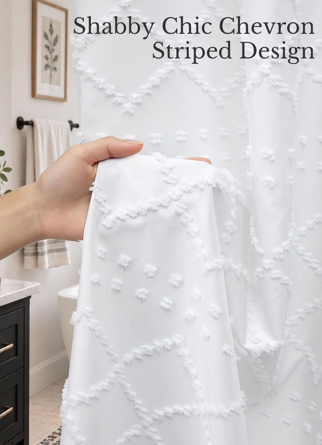 White Boho Shower Curtain Fabric Shower Curtains with Tassel 72 x 72 Modern Textured Shower Curtain Farmhouse Minimalist, Tufted Chevron Striped Shabby Chic, Water Resistant Cloth Curtain for Bathroom
