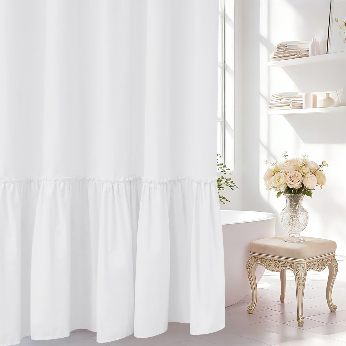 Seenus Baby Pink Ruffle Shower Curtain with Waterproof TPU Backed, Soft Microfiber Lovely French Ruched Shower Curtain, 72 x 72 Inch Bathroom 2 in 1 Washable Fabric Shower Curtain with TPU Lining