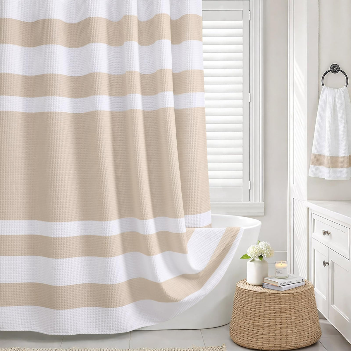 White Waffle Weave Shower Curtain 258GSM Heavyweight Cotton Fabric 72Wx72L