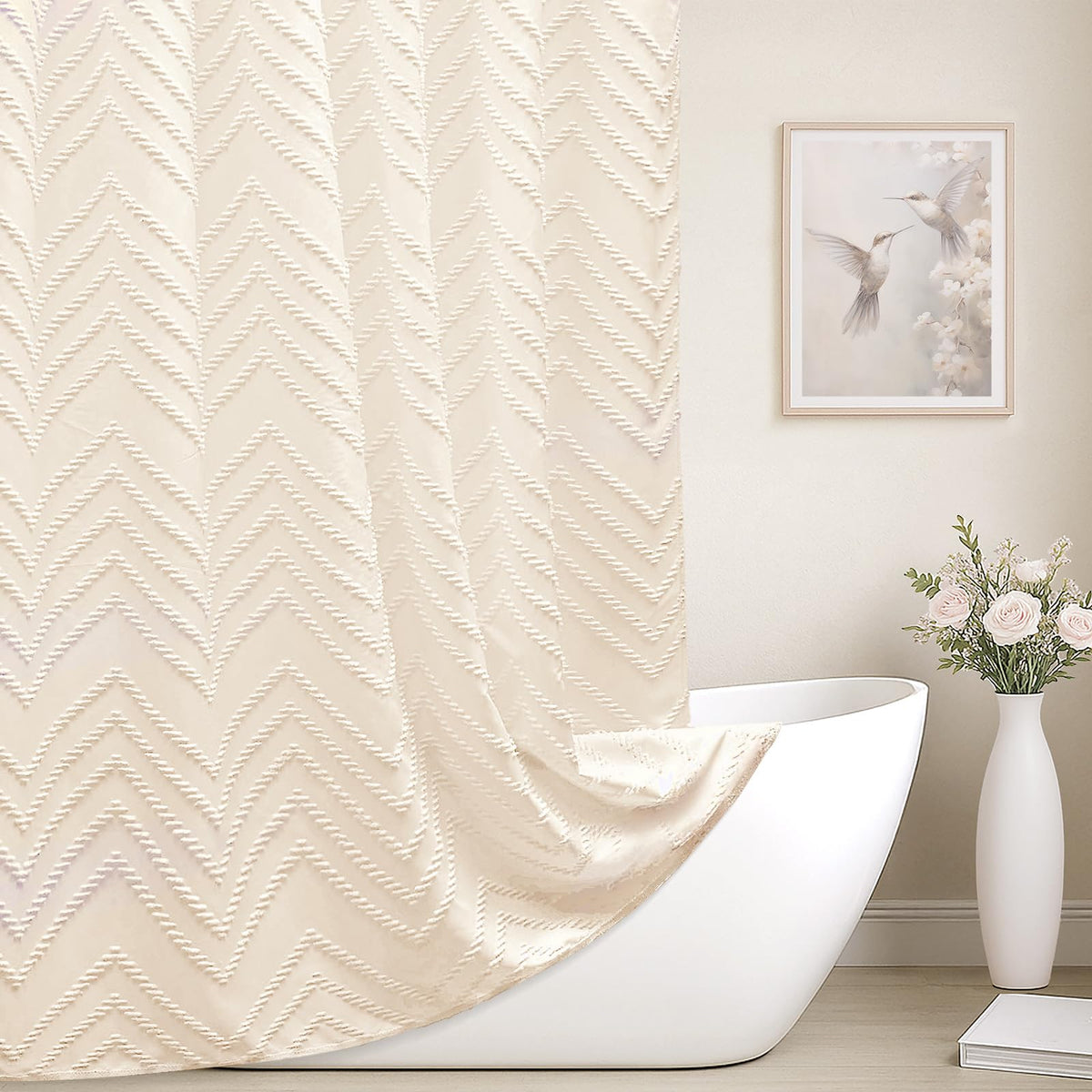 White Boho Fabric Shower Curtain 72 x 84 Inches