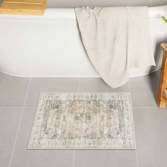 Uphome Boho Small Bath Mat, Distressed Farmhouse Light Khaki Bath Rugs, Comfy Velvet Bathroom Rugs Non Slip Washable, Vintage Oriental Toilet Rug for Sink Shower Vanity, 18x26 inch
