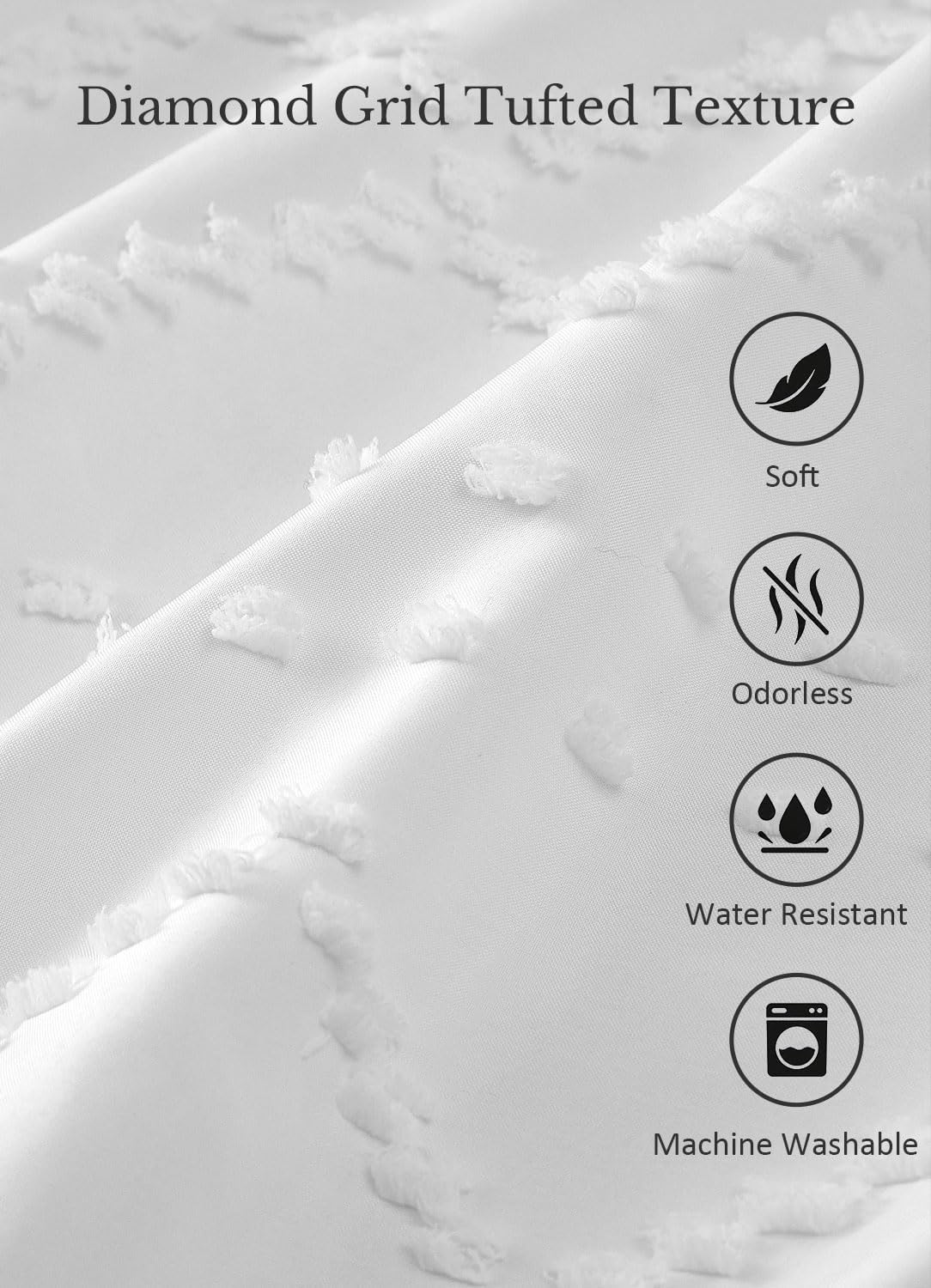 White Boho Shower Curtain Fabric Shower Curtains with Tassel 72 x 72 Modern Textured Shower Curtain Farmhouse Minimalist, Tufted Chevron Striped Shabby Chic, Water Resistant Cloth Curtain for Bathroom