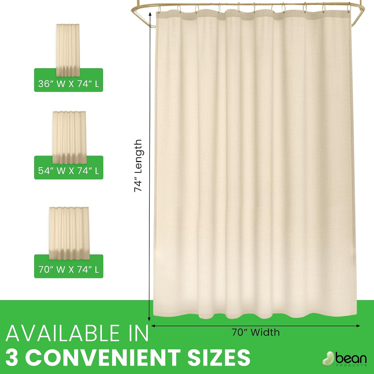 Bean Products Natural Cotton Bathtub Shower Curtain Liner- 70" x 72"