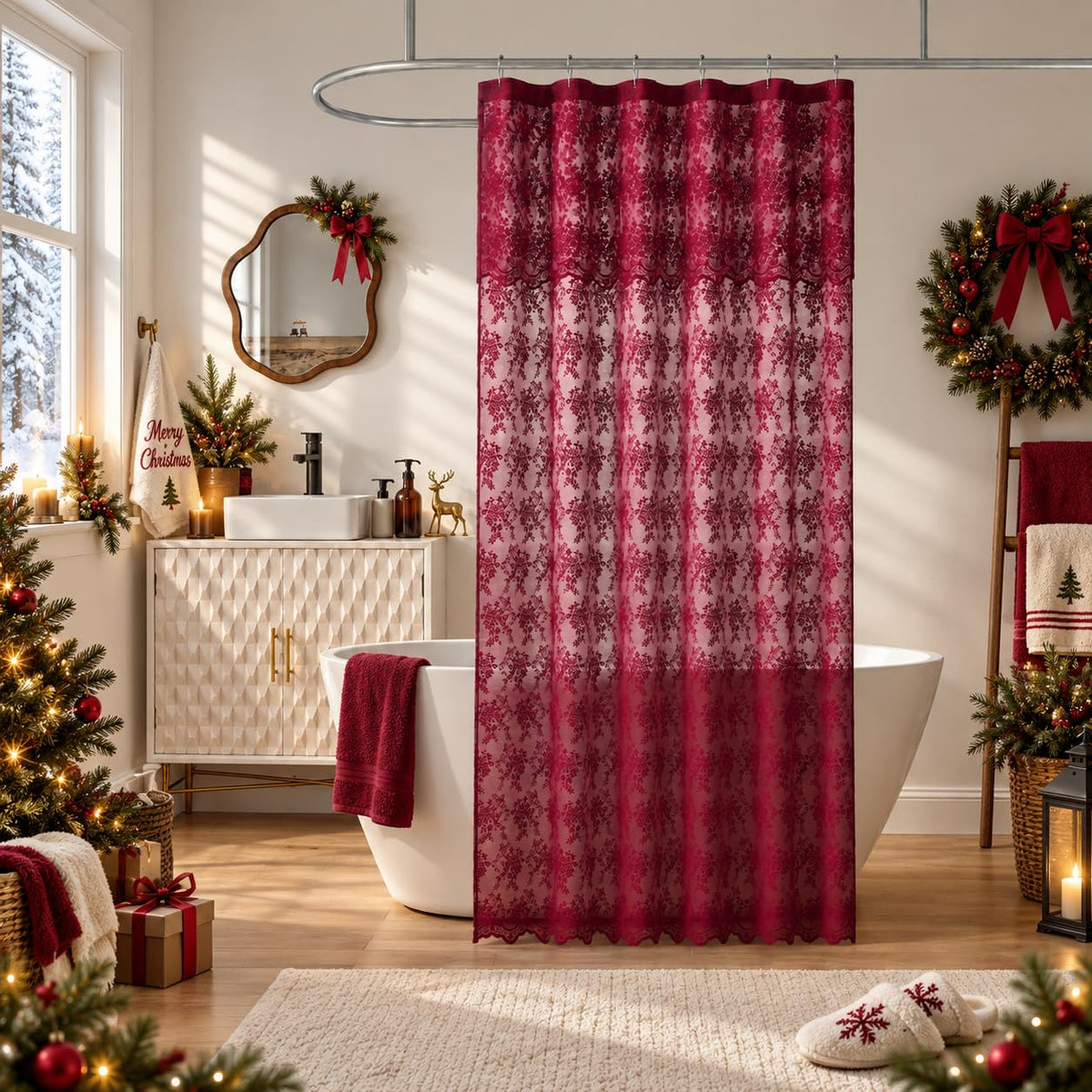 TUDECO Sage Green Shower Curtain with Attached Valance, 72 x 72, 1 Panel
