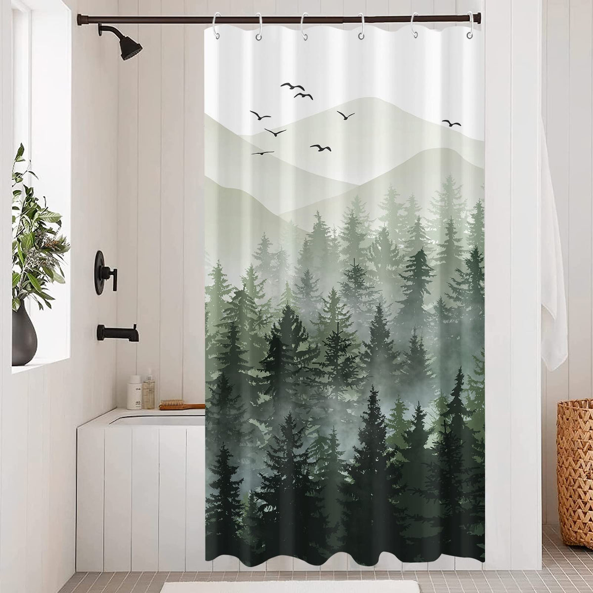Accnicc Forest Mountain Shower Curtain Dark Green Nature Misty Pine Tree Shower Curtains for Bathroom Foggy Rustic Woodland Decorative Waterproof Fabric Bath Curtain Decor 72×72 Inches