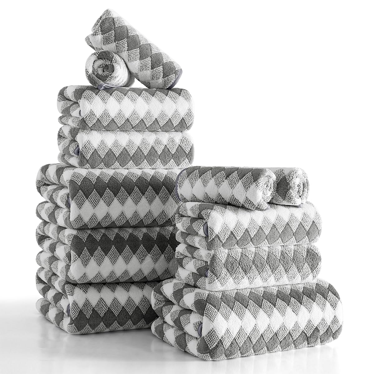 12 Pcs Black White Diamond Towel Set-4 Bath Towels,4 Hand Towels,4 Washcloths Soft Polyester Towels with Loop Absorbent Shower Towel Quick Dry Beach Chair Towel Family Towels for Bathroom Spa Gym Pool