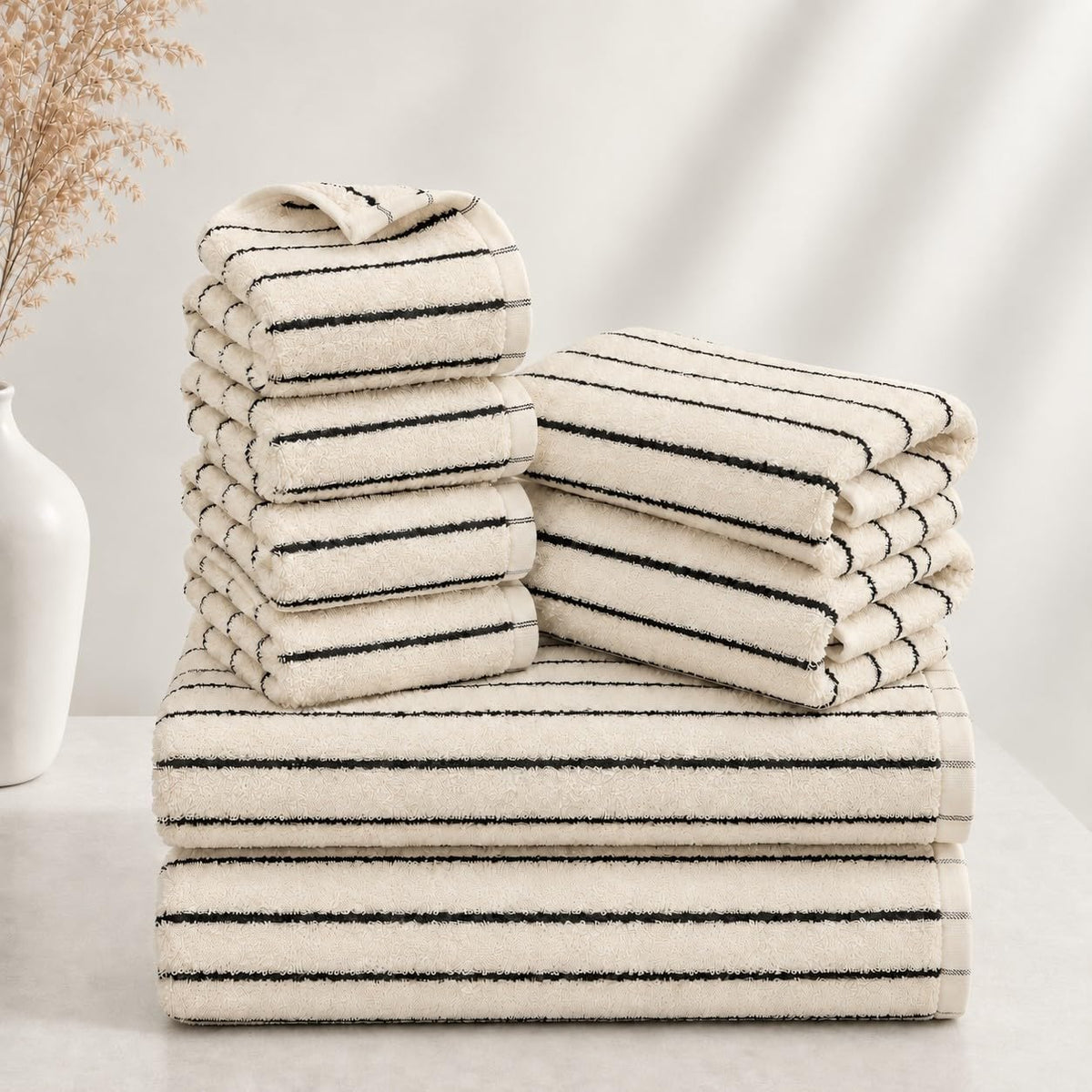 8 Pack Black and Ivory Bath Towel Set, Cotton Striped Bath Towels