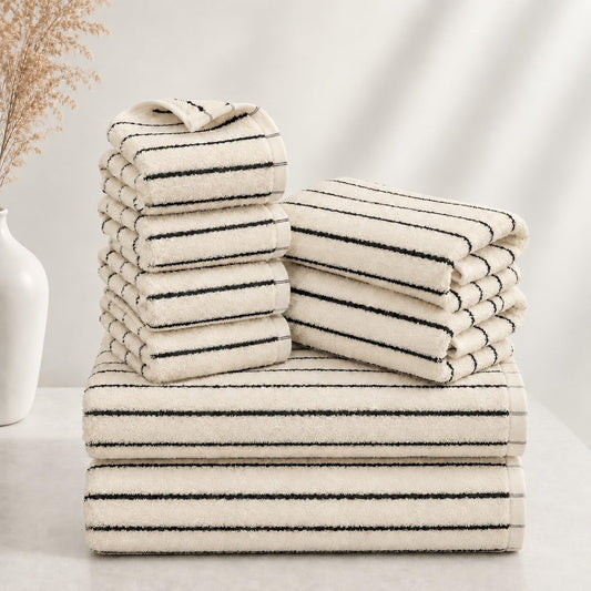 8 Pack Black and Ivory Bath Towel Set, Cotton Striped Bath Towels