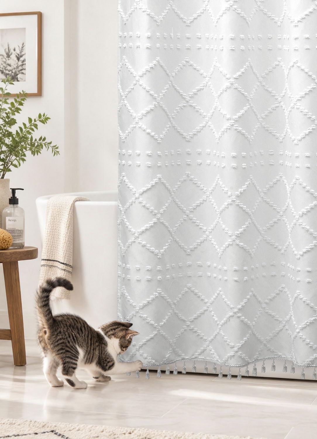 White Boho Shower Curtain Fabric Shower Curtains with Tassel 72 x 72 Modern Textured Shower Curtain Farmhouse Minimalist, Tufted Chevron Striped Shabby Chic, Water Resistant Cloth Curtain for Bathroom