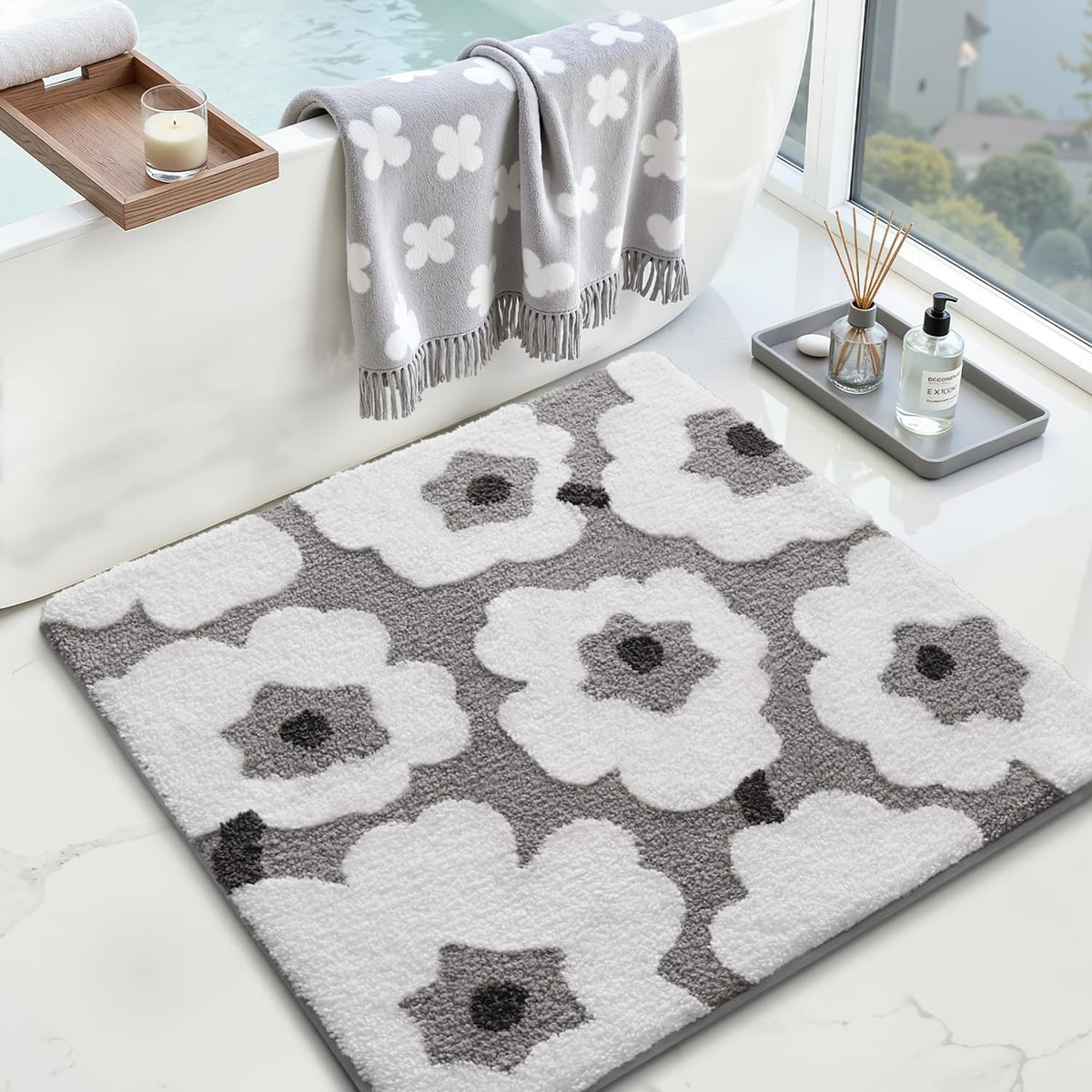 LUMI Square Beach Bathroom Rug 32x32, Soft Absorbent Bath Mat, Non Slip