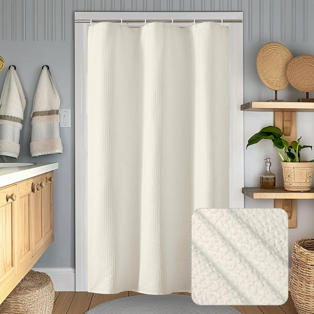 OWENIE Cream Shower Curtain or Bathroom 72x72 Inch, 3D Embossed Textured Waffle Fabric Shower Curtains, Soft Hotel Farmhouse Style, Water Repellent, Machine Washable, Cream, 72" W x 72" L