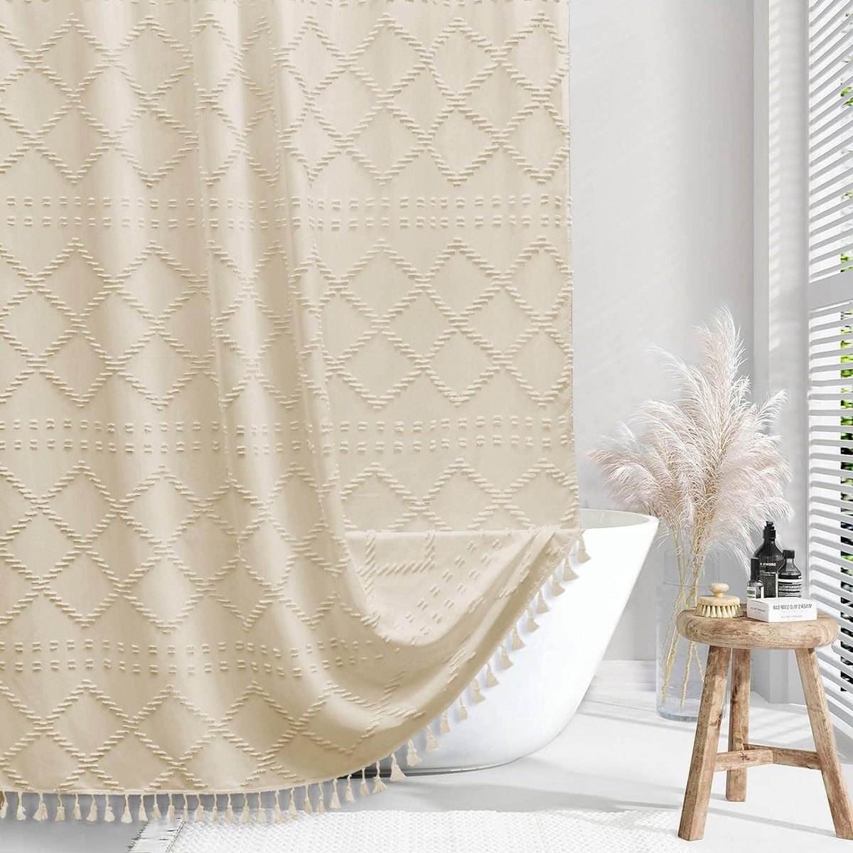 White Boho Shower Curtain Fabric Shower Curtains with Tassel 72 x 72 Modern Textured Shower Curtain Farmhouse Minimalist, Tufted Chevron Striped Shabby Chic, Water Resistant Cloth Curtain for Bathroom