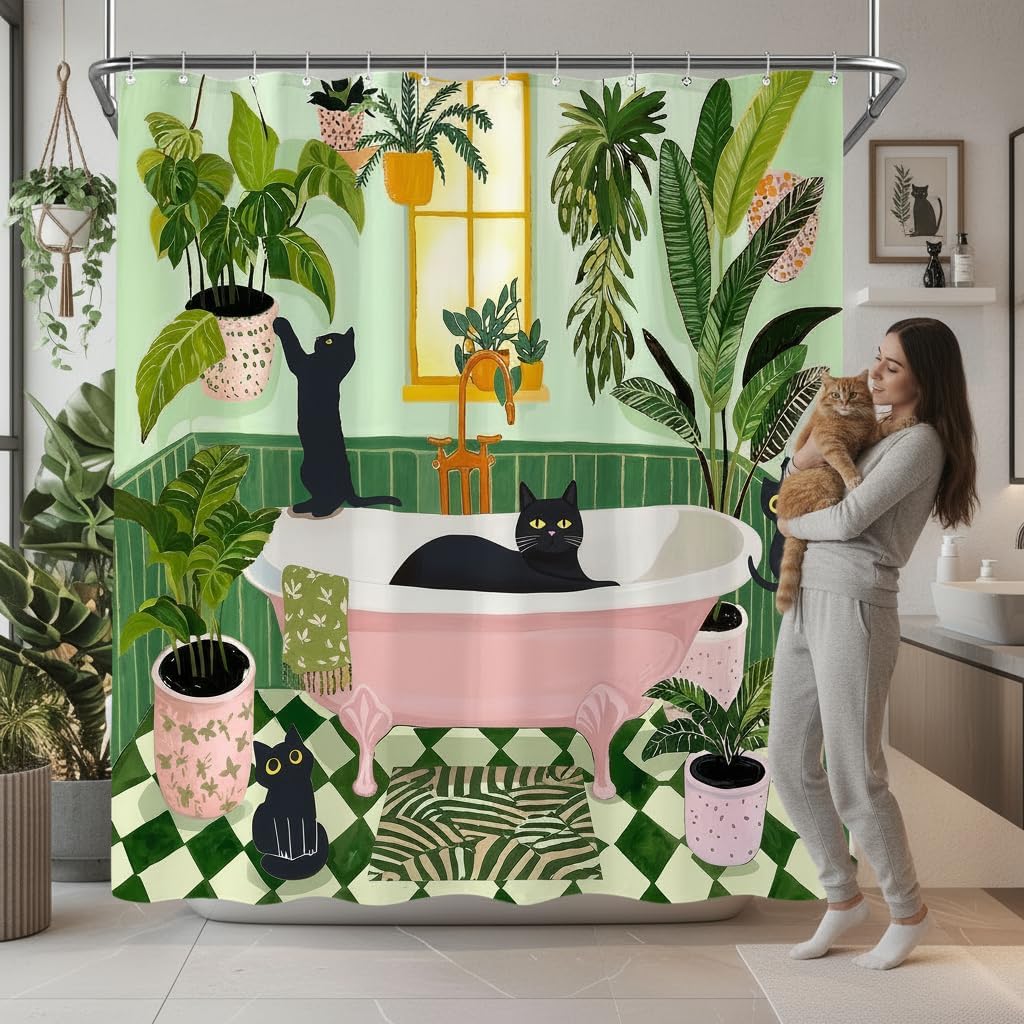 Funny Cat Shower Curtain for Bathroom Green 72x72 Inch